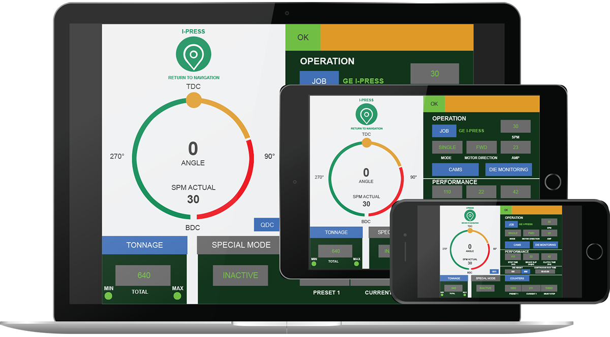 I-PRESS HMI screens showing main run screen, tonnage monitoring, job management, lubrication control, guided navigation and press parameters