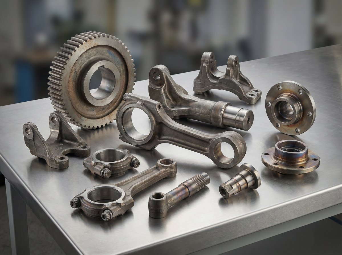 Hot-forged drivetrain components — connecting rods, flanges, and gears produced on Sutherland forge press